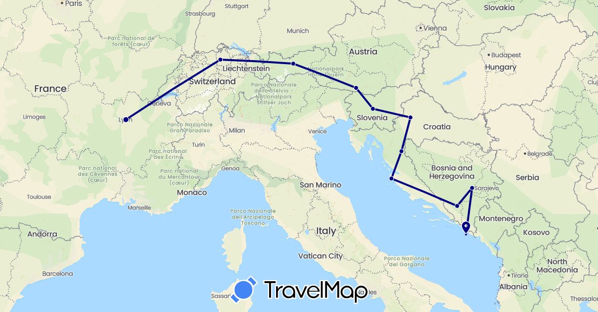TravelMap itinerary: driving in Austria, Bosnia and Herzegovina, Switzerland, France, Croatia, Slovenia (Europe)